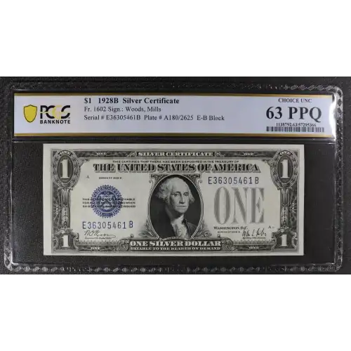 $1 1928-B blue seal. Small Silver Certificates 1602