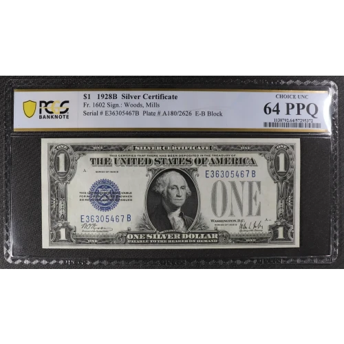 $1 1928-B blue seal. Small Silver Certificates 1602 (2)