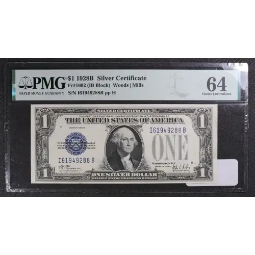 $1 1928-B blue seal. Small Silver Certificates 1602