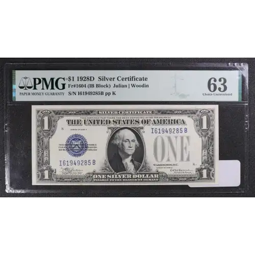 $1 1928-D blue seal. Small Silver Certificates 1604