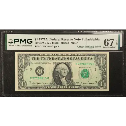 $1 1977-A. Green seal. Small Size $1 Federal Reserve Notes 1910-C