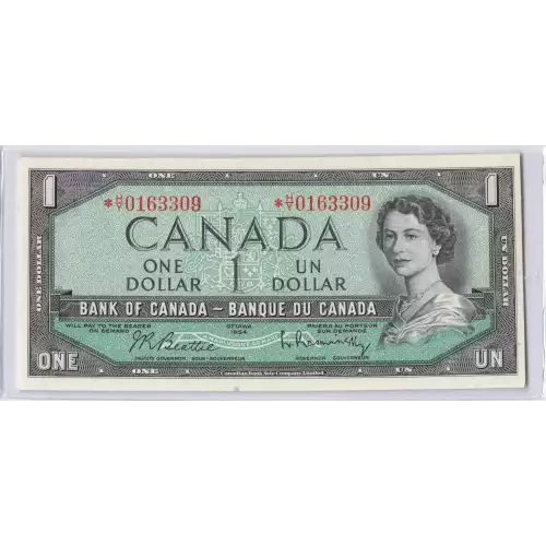 1 Dollar 1954 (1955-1972), 1954 Modified Hair Style Issue b. Signature Beattie-Rasminsky. (1961-72) Bank of Canada 74 (2)