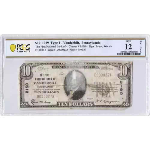 $10 1929 small brown seal. Small National Bank Notes 1801-1