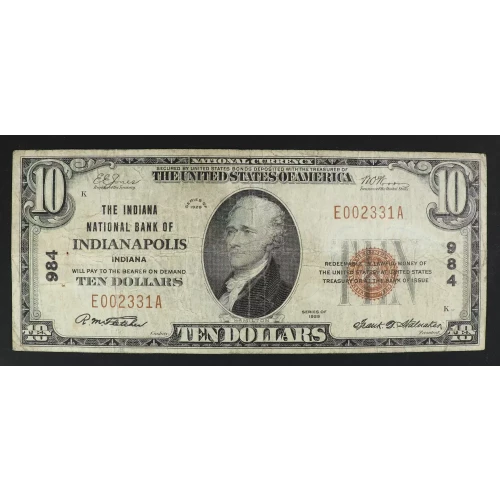 $10 1929 small brown seal. Small National Bank Notes 1801-1