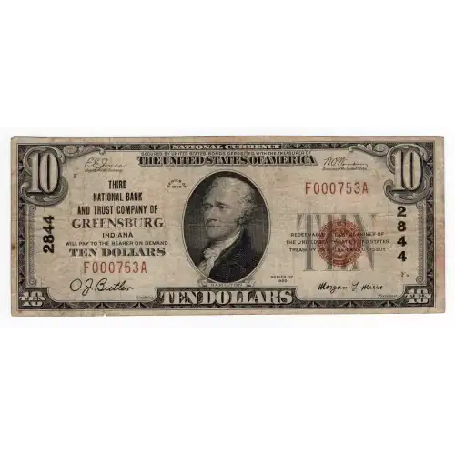 $10 1929 small brown seal. Small National Bank Notes 1801-1