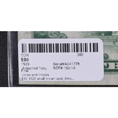 $10 1929 small brown seal. Small National Bank Notes 1801-2