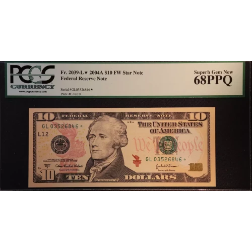 $10 2004-A. Treasury seal. Small Size $10 Federal Reserve Notes 2039-L*