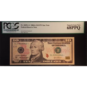 $10 2004-A. Treasury seal. Small Size $10 Federal Reserve Notes 2039-L*