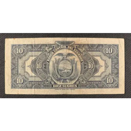 10 Sucres 1939-1949, 1939-1944 Issue a. Signature title overprint: PRESIDENTE at left. Date at right. 17.10.1939-6.6.1944 Ecuador 92 (3)