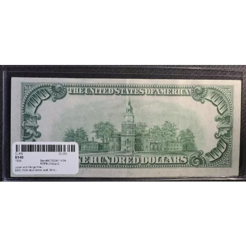 $100 1934 blue-Green seal. Small Size $100 Federal Reserve Notes 2152a-C (2)