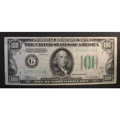 $100 1934 blue-Green seal. Small Size $100 Federal Reserve Notes 2152a-D