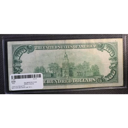 $100 1934 blue-Green seal. Small Size $100 Federal Reserve Notes 2152a-D (2)