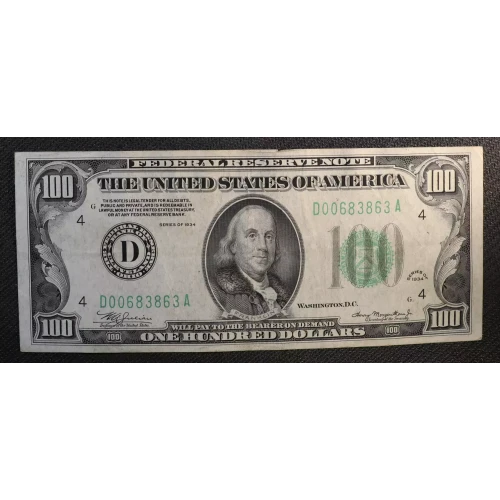 $100 1934 blue-Green seal. Small Size $100 Federal Reserve Notes 2152a-D
