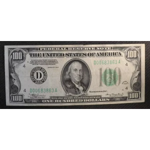 $100 1934 blue-Green seal. Small Size $100 Federal Reserve Notes 2152a-D