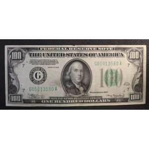 $100 1934 blue-Green seal. Small Size $100 Federal Reserve Notes 2152a-G