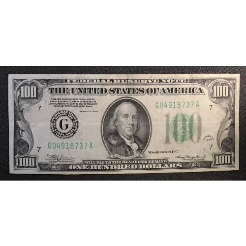 $100 1934 blue-Green seal. Small Size $100 Federal Reserve Notes 2152a-G (2)