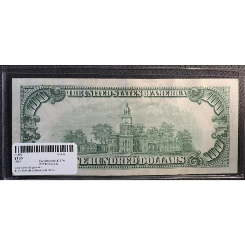 $100 1934 blue-Green seal. Small Size $100 Federal Reserve Notes 2152a-G (3)