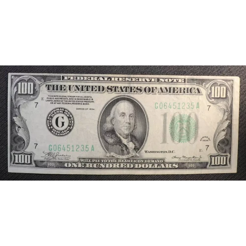 $100 1934 blue-Green seal. Small Size $100 Federal Reserve Notes 2152a-G (2)