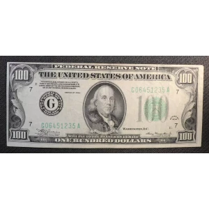 $100 1934 blue-Green seal. Small Size $100 Federal Reserve Notes 2152a-G (2)