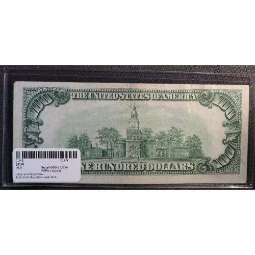 $100 1934 blue-Green seal. Small Size $100 Federal Reserve Notes 2152a-G (3)