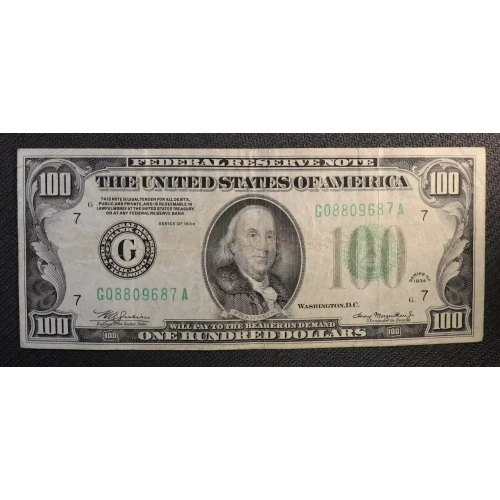 $100 1934 blue-Green seal. Small Size $100 Federal Reserve Notes 2152a-G