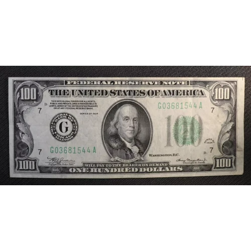 $100 1934 blue-Green seal. Small Size $100 Federal Reserve Notes 2152a-G (3)