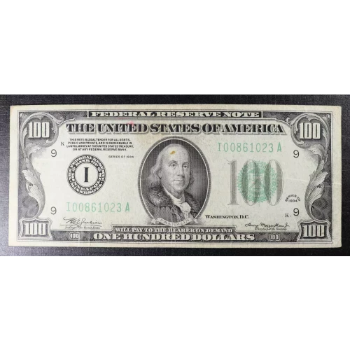 $100 1934 blue-Green seal. Small Size $100 Federal Reserve Notes 2152a-I