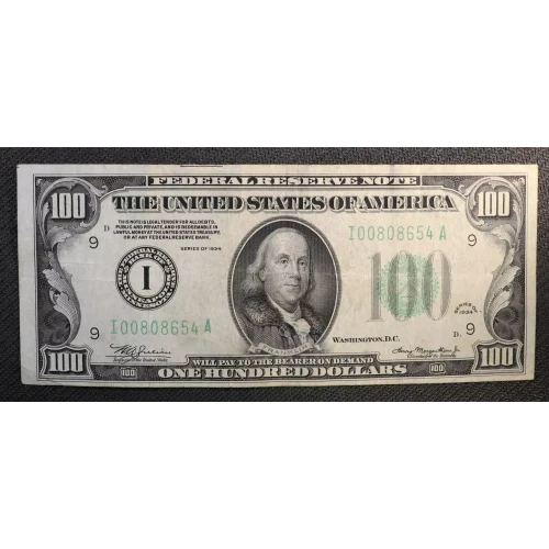 $100 1934 blue-Green seal. Small Size $100 Federal Reserve Notes 2152a-Im (2)