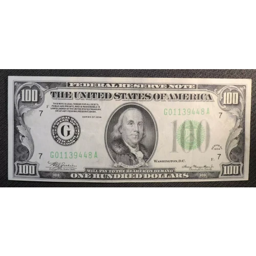 $100 1934 light Green seal. Small Size $100 Federal Reserve Notes 2152-G