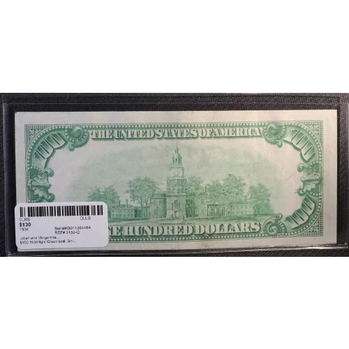 $100 1934 light Green seal. Small Size $100 Federal Reserve Notes 2152-G (3)