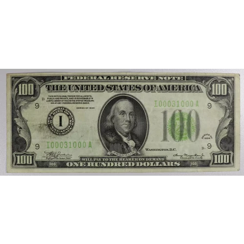 $100 1934 light Green seal. Small Size $100 Federal Reserve Notes 2152-I (2)