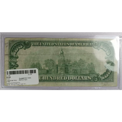 $100 1934 light Green seal. Small Size $100 Federal Reserve Notes 2152-I (3)
