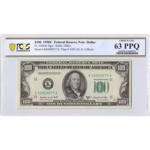 $100 1950-C.  Small Size $100 Federal Reserve Notes 2160-K