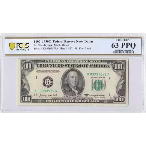 $100 1950-C.  Small Size $100 Federal Reserve Notes 2160-K (2)