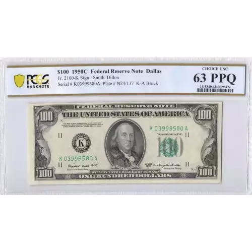 $100 1950-C.  Small Size $100 Federal Reserve Notes 2160-K