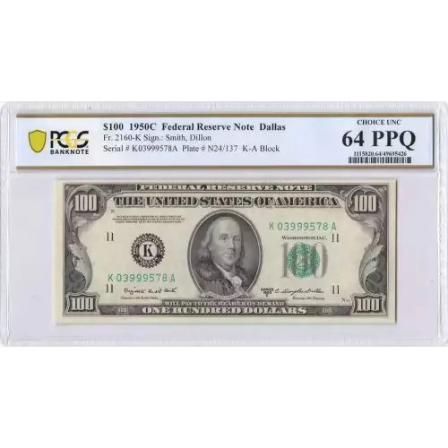 $100 1950-C.  Small Size $100 Federal Reserve Notes 2160-K