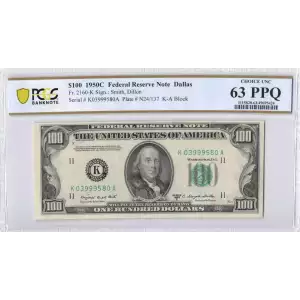 $100 1950-C.  Small Size $100 Federal Reserve Notes 2160-K