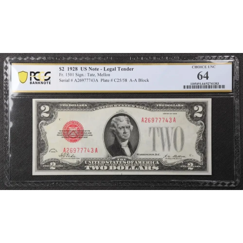 $2 1928 red seal. Small Legal Tender Notes 1501 (2)