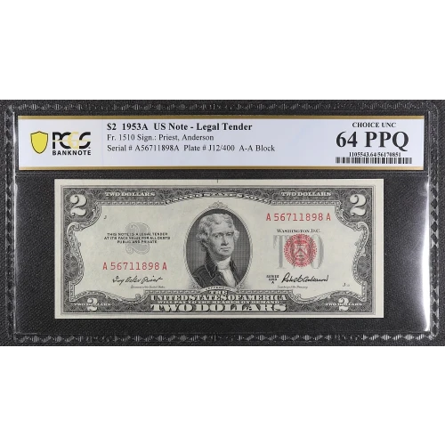 $2 1953-A red seal. Small Legal Tender Notes 1510 (3)