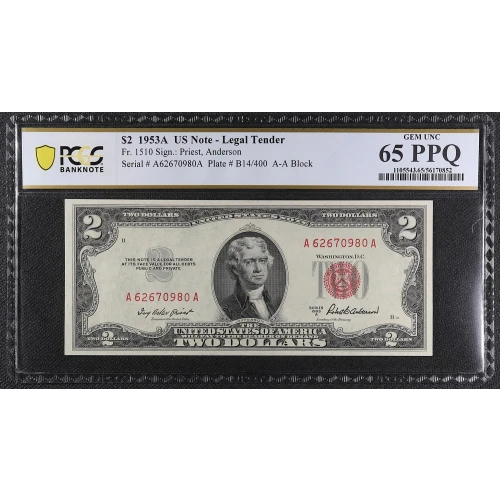 $2 1953-A red seal. Small Legal Tender Notes 1510