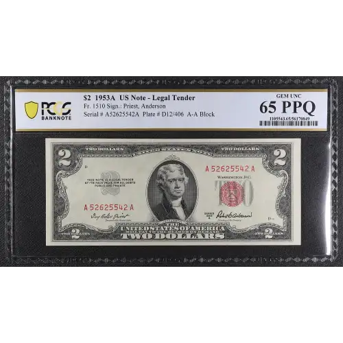 $2 1953-A red seal. Small Legal Tender Notes 1510