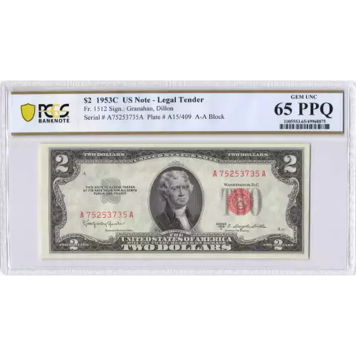 $2 1953-C red seal. Small Legal Tender Notes 1512