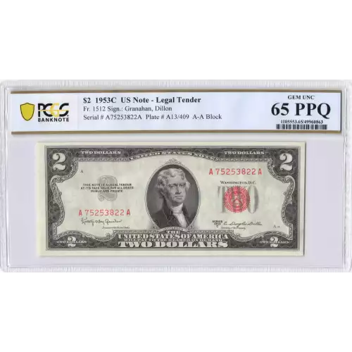 $2 1953-C red seal. Small Legal Tender Notes 1512 (2)