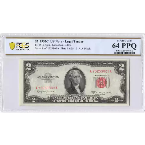 $2 1953-C red seal. Small Legal Tender Notes 1512