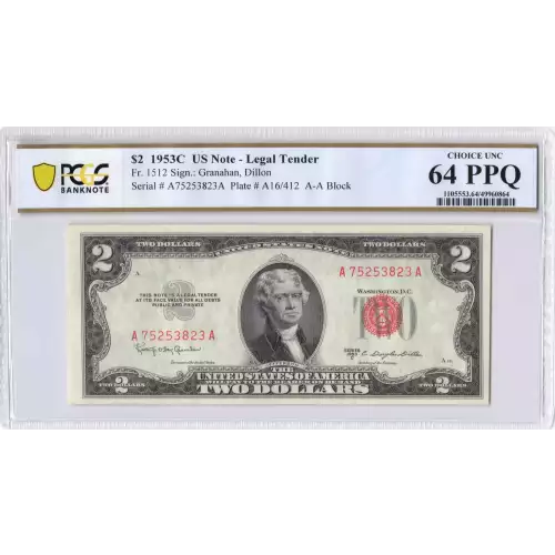 $2 1953-C red seal. Small Legal Tender Notes 1512