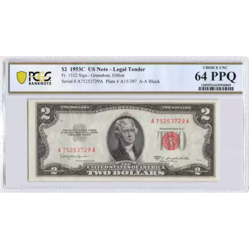 $2 1953-C red seal. Small Legal Tender Notes 1512