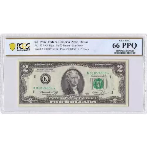 $2 1976 Green seal Small Size $2 Federal Reserve Notes 1935-K*