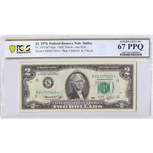 $2 1976 Green seal Small Size $2 Federal Reserve Notes 1935-K*