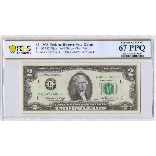 $2 1976 Green seal Small Size $2 Federal Reserve Notes 1935-K*