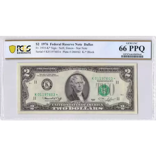 $2 1976 Green seal Small Size $2 Federal Reserve Notes 1935-K*